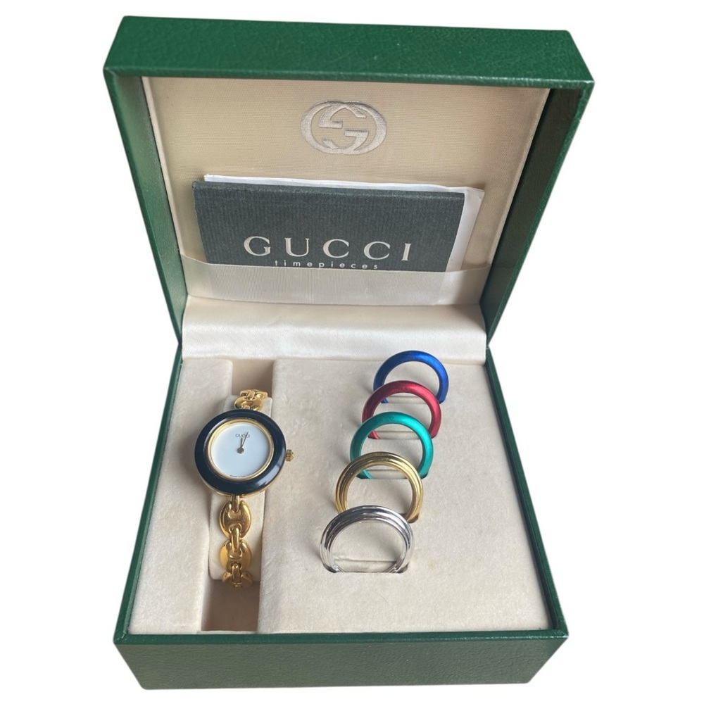 AUTHENTIC Vintage Gucci Interchangeable Bezel Watch w/ 5 Bezels, Box, & Papers